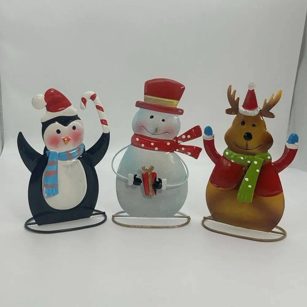 Lot of 3 Metal Christmas Decor Penguin Snowman Reindeer Holiday Tabletop Figures